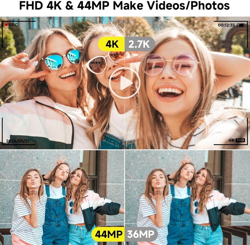 ceye Digital Camera, FHD 4K 44MP Digital Camera, 16X Digital Zoom, Digital Point and Shoot Camera with 3-LED Fill Lights, 64GB SD Card, Compact Camera for Kids Teen Boys Girls, Sliver - Image 2